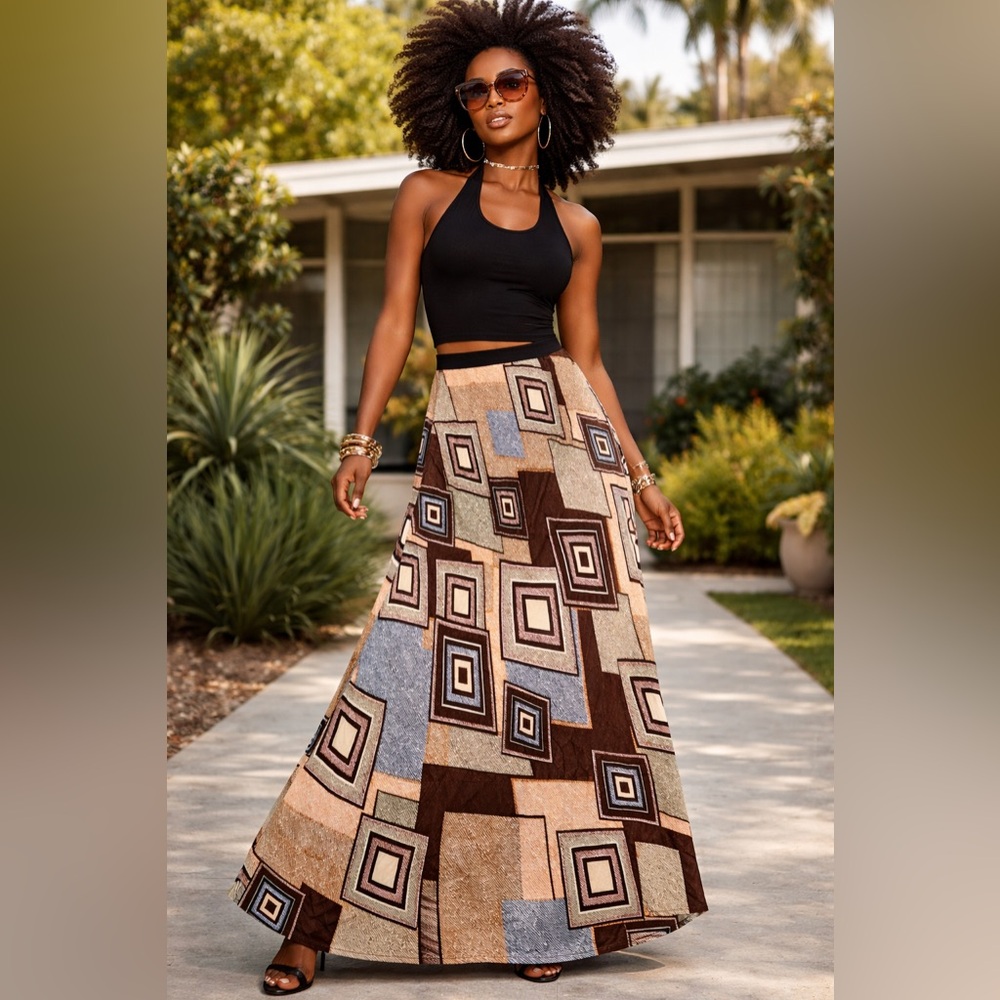 Pleione Geometric Maxi Skirt - Brown and Gray